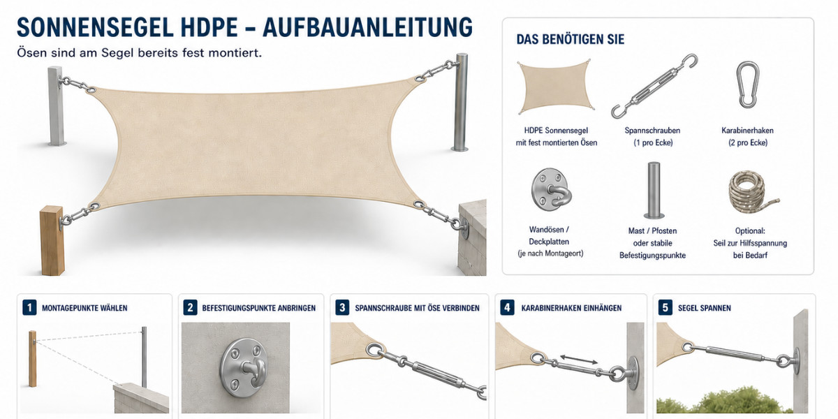 Sonnensegel Aufbauanleitung. Erst Montagepunkte wählen, dann Befestigungspunkte anbringen. Spannschraube mit Öse verbinden und an einem Karabinerhaken einhängen. Segel kann nun gespannt werden.