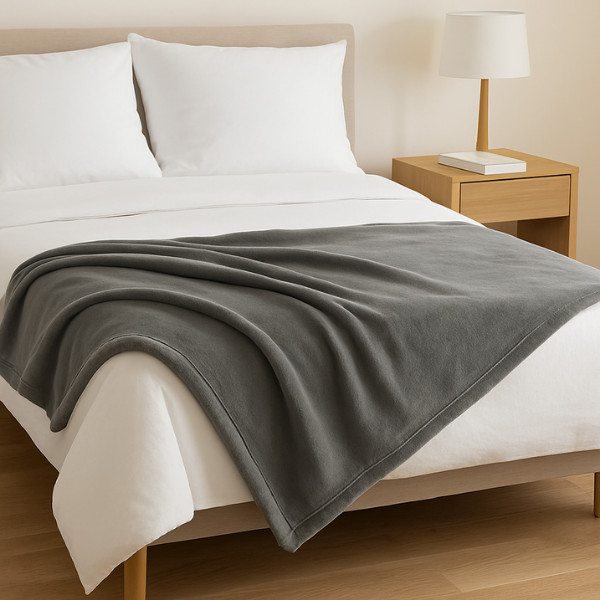 Anthrazite Kuscheldecke liegt über dem Bett ausgebreitet, wie eine Überwurfdecke