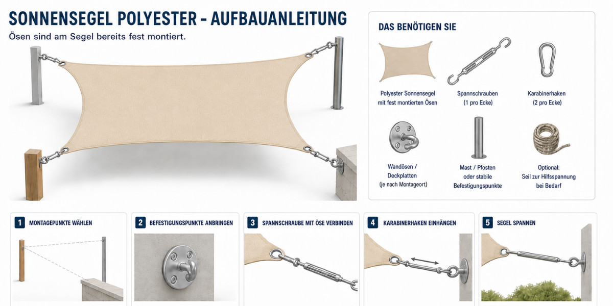 Sonnensegel Aufbauanleitung. Erst Montagepunkte wählen, dann Befestigungspunkte anbringen. Spannschraube mit Öse verbinden und an einem Karabinerhaken einhängen. Segel kann nun gespannt werden.