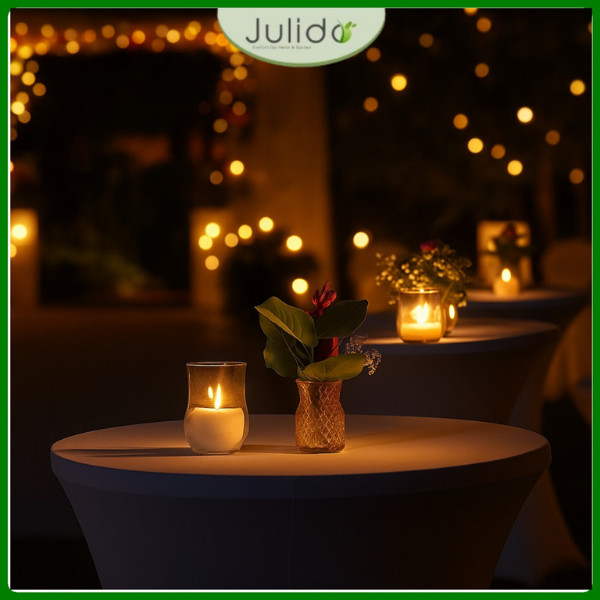 Weiße Stehtischhussen in gemütlicher Atmosphäre für Feier oder Event