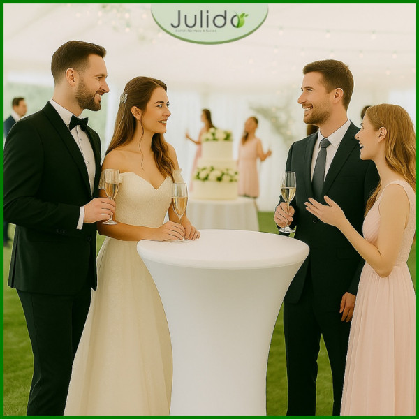 Festliche Veranstaltung mit dekorierten Stehtischen und Stretch-Stehtischhussen